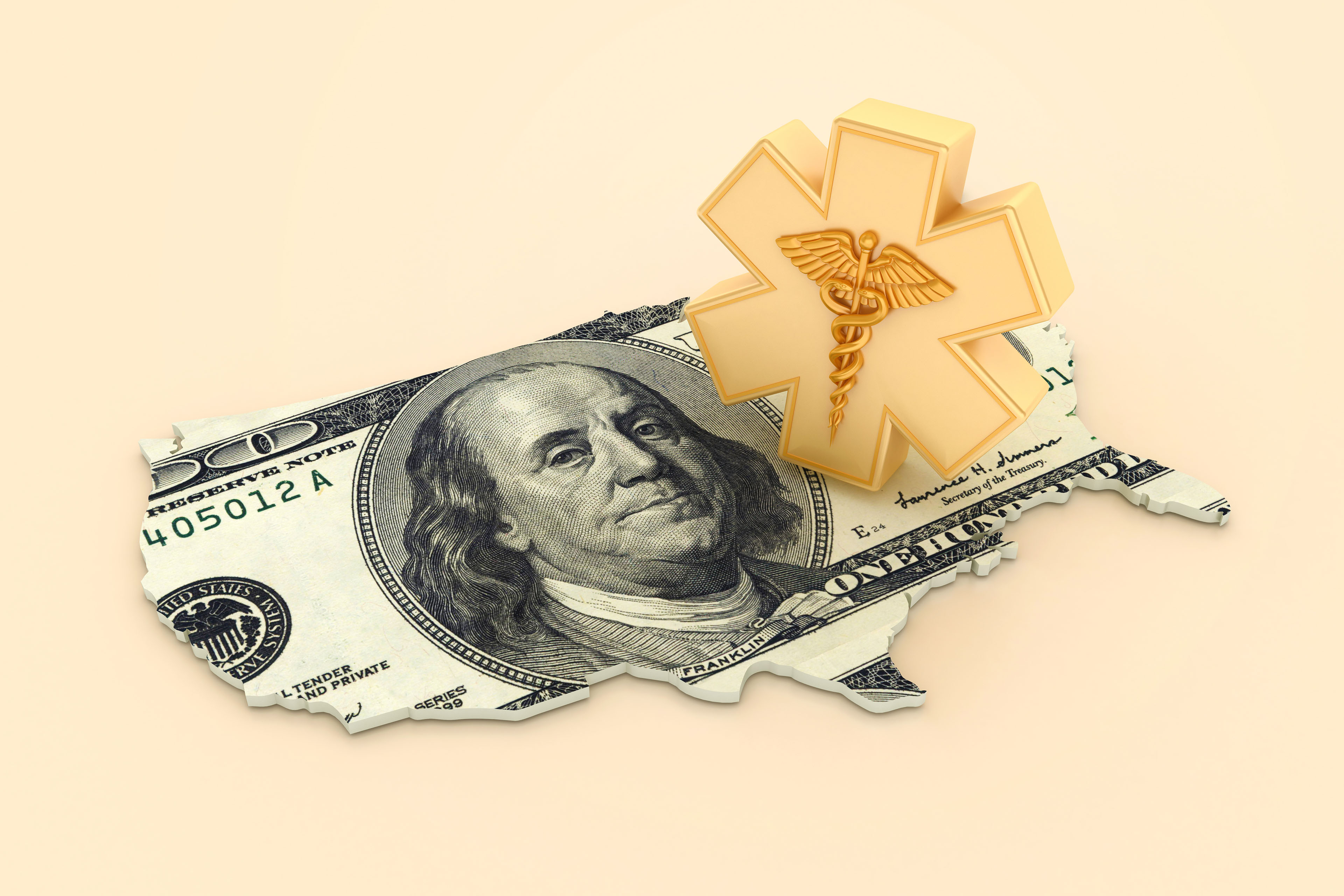 A 3D digital illustration with the United States cut out of a 100-dollar-bill. A golden medical symbol with the staff of caduceus rests on top.