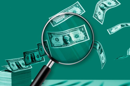 A photo illustration shows a stack of dollars floating away. A magnifying glass shows a closer view of one of the bills.