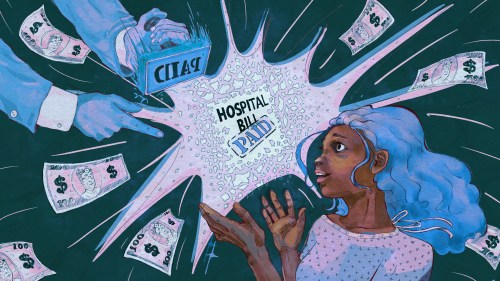 A human-made, hand-drawn illustration of a woman holding her hands up to a floating, disintegrating hospital bill that has been pressed with a stamp that says "PAID."