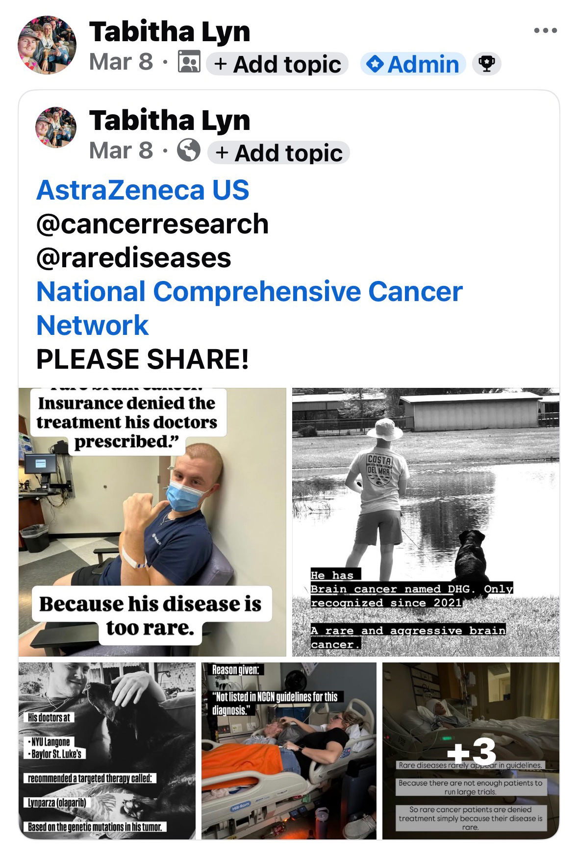 A screenshot of a Facebook post by Tabitha Low tags AstraZeneca, @cancerresearch, @rarediseases, and the National Comprehensive Cancer Network. The text of the post reads, "PLEASE SHARE!" followed by images of Mason Henderson describing his condition.