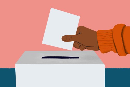 A digital illustration of a hand placing a piece of paper into a ballot box.