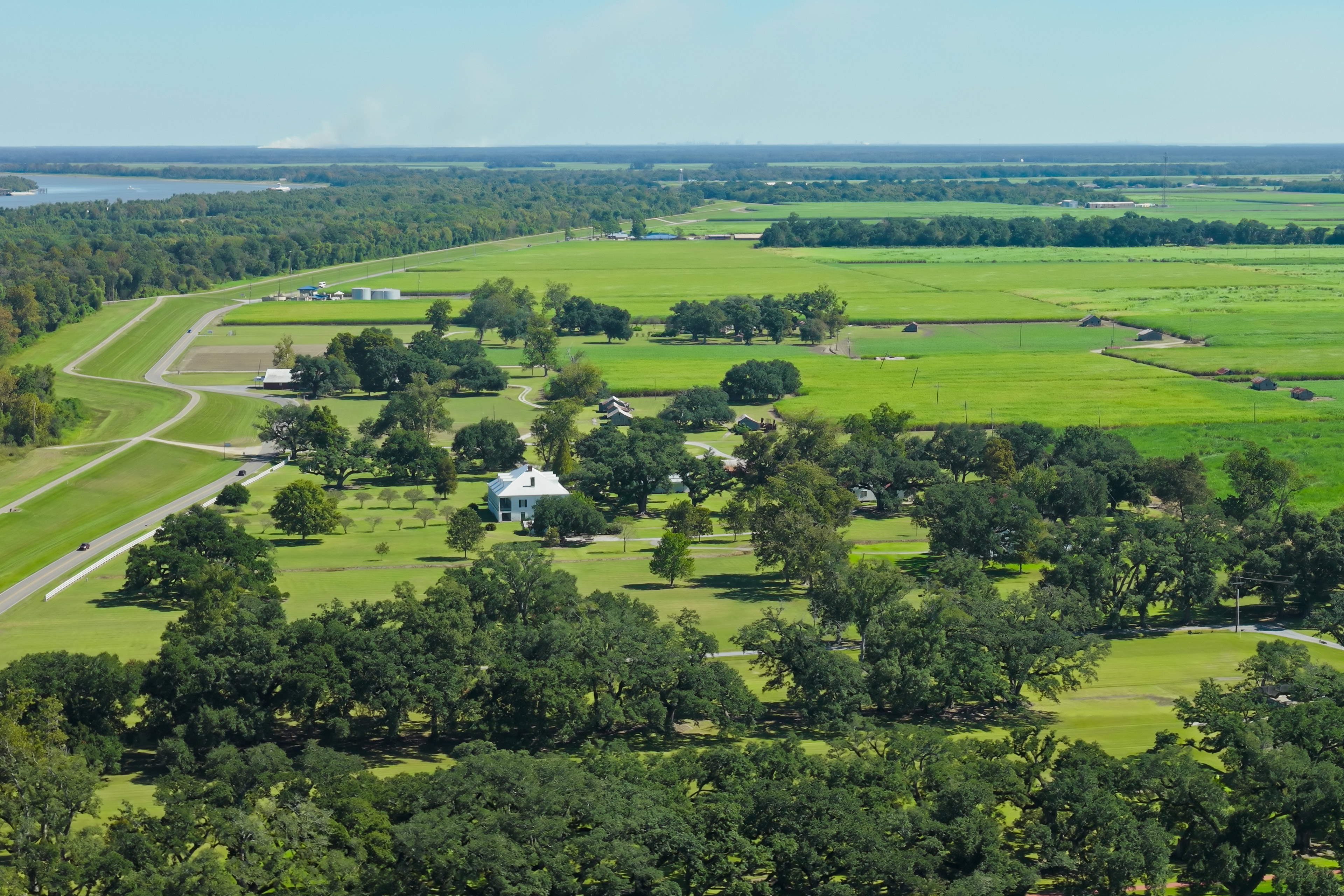 An aerial photo of rural farmland in Vacherie, Louisiana.