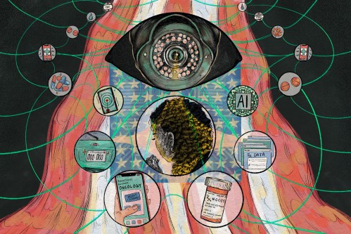 A hand-drawn, digital illustration showing a web of connecting medical objects (a pill bottle, a hospital portal website), with cell phones and data tracking tools. The silhouette of a person is in the center of the image, below a large security camera shaped like an eye.