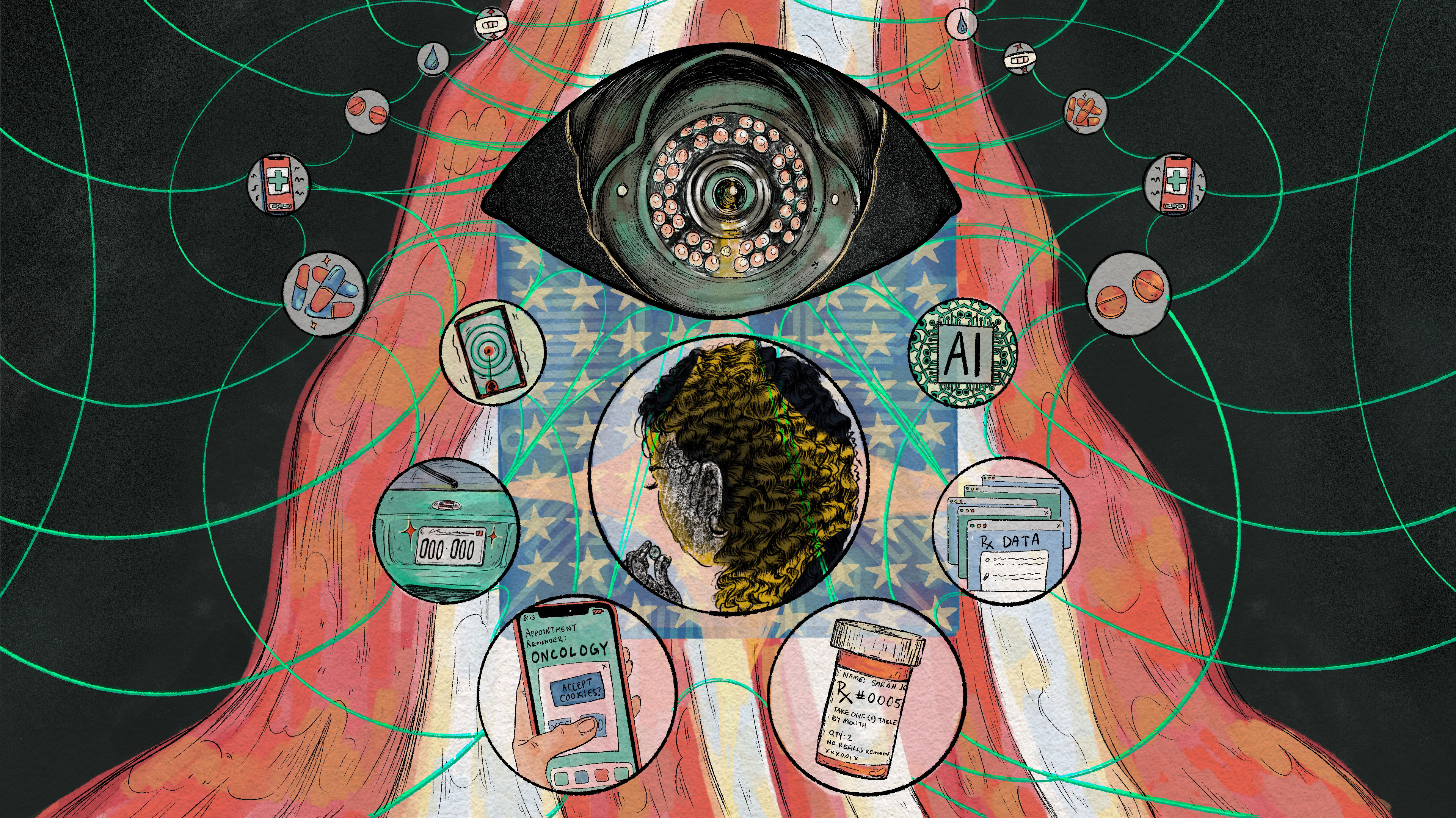 A hand-drawn, digital illustration showing a web of connecting medical objects (a pill bottle, a hospital portal website), with cell phones and data tracking tools. The silhouette of a person is in the center of the image, below a large security camera shaped like an eye.