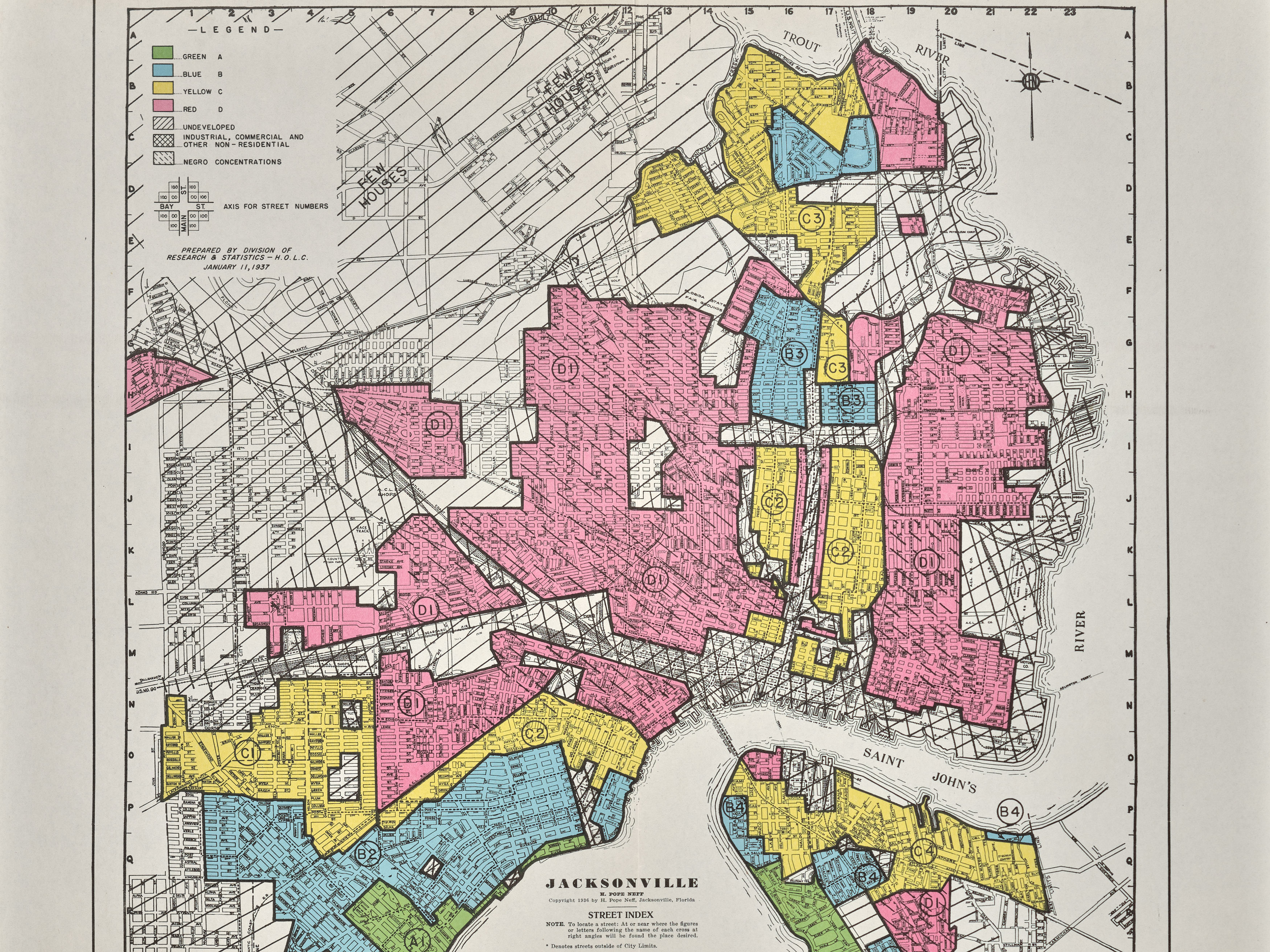 A portion of a historic redlining map of Jacksonville, Florida.