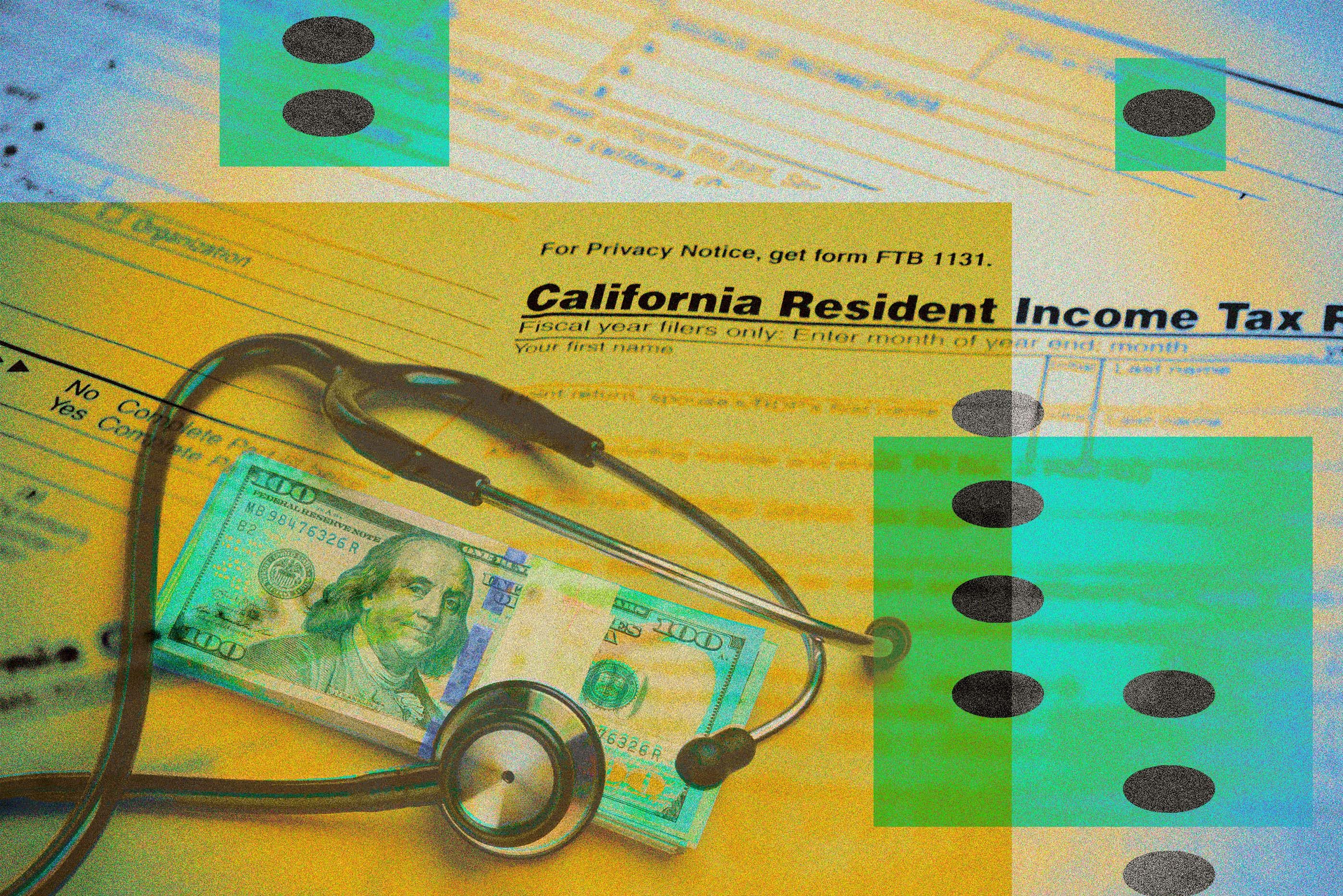 A stack of 100-dollar-bills and a stethoscope rest on top of a California resident tax sheet.