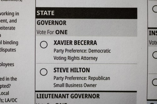 A photo of a section of a California ballot showing the two choices for California governor: Xavier Becerra and Steve Hilton.