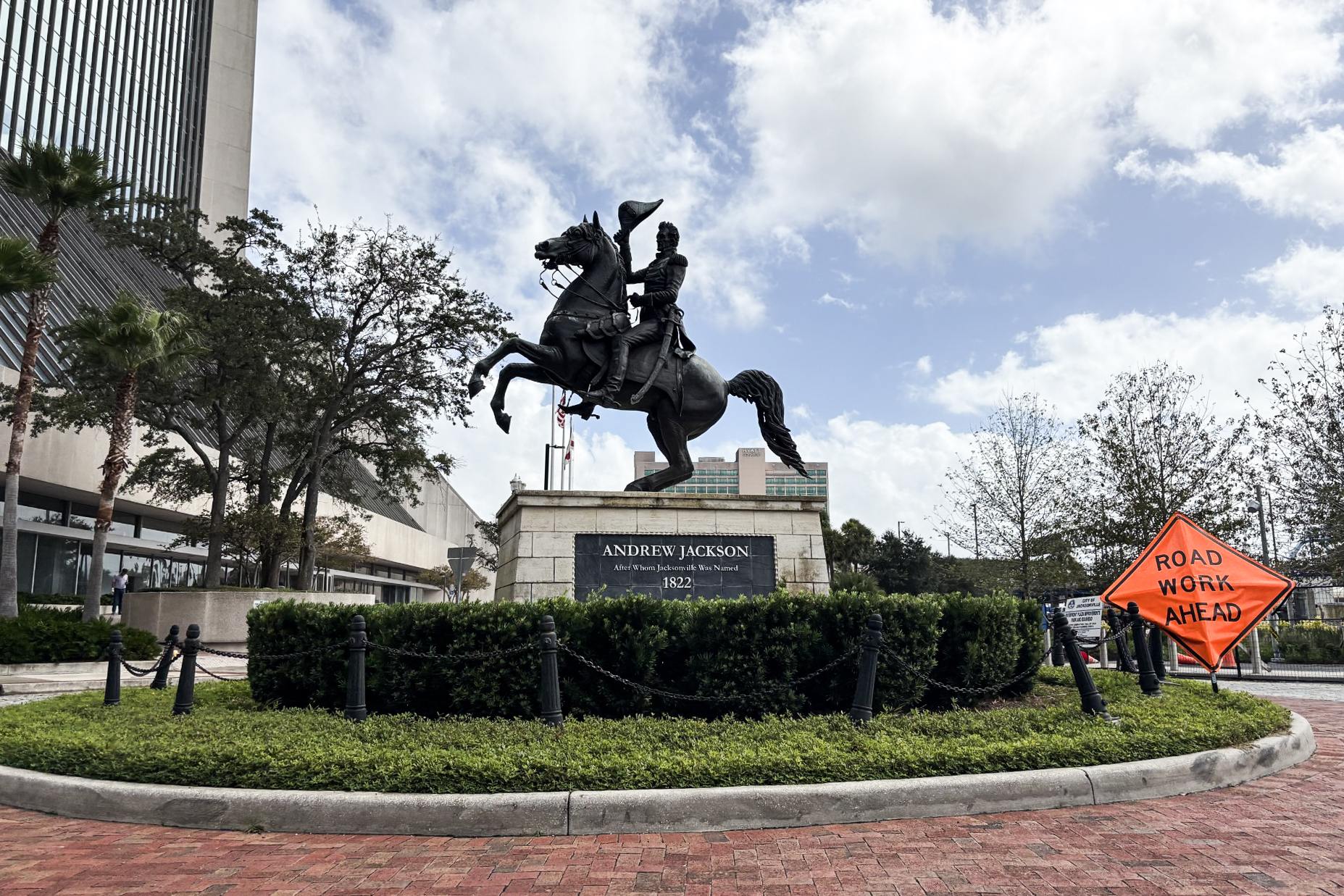 A photo of a statue of President Andrew Jackson on horseback.